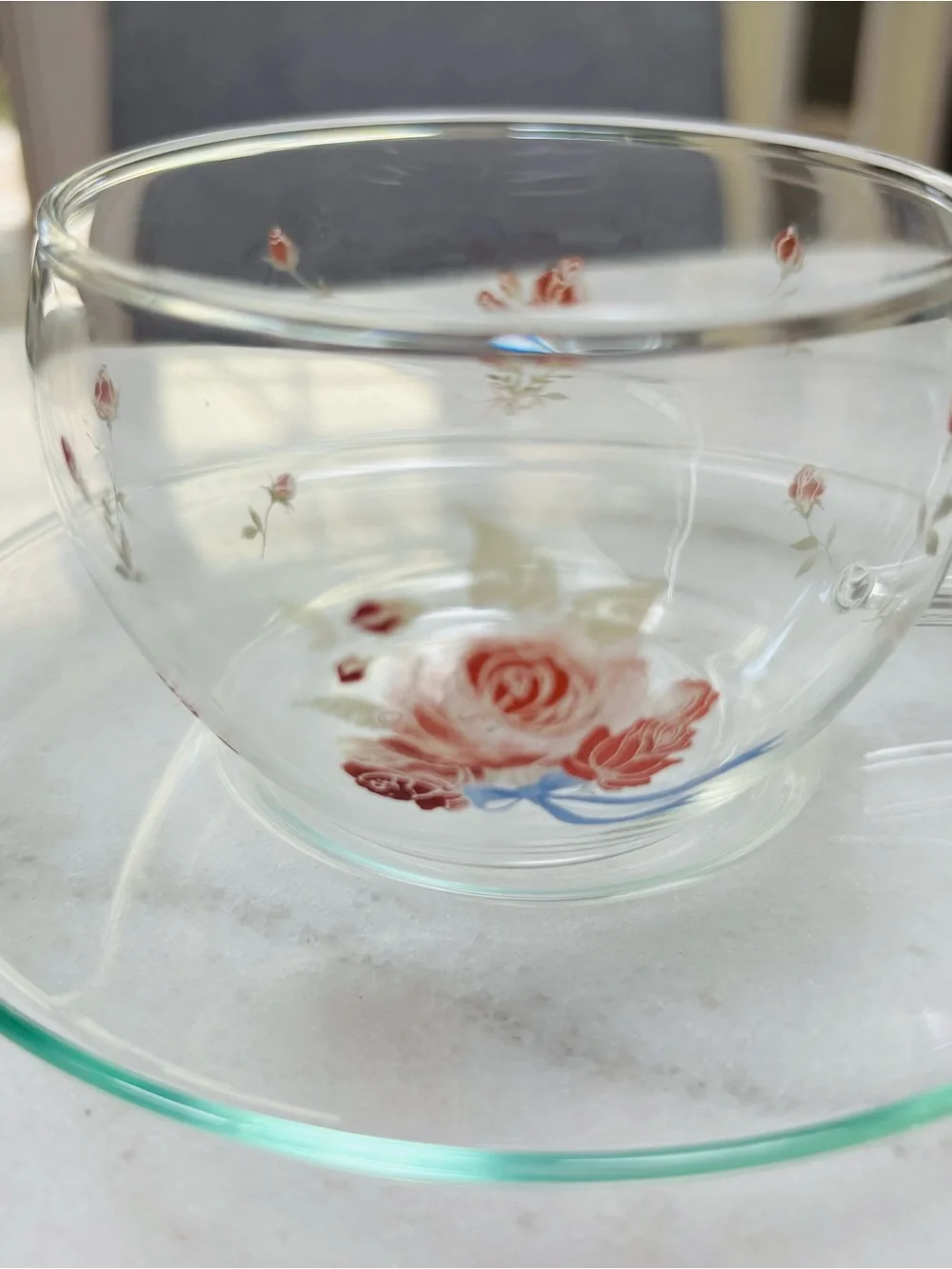 Made in Japan Clear Glass Teacup and Saucer Set with Red Rose Design